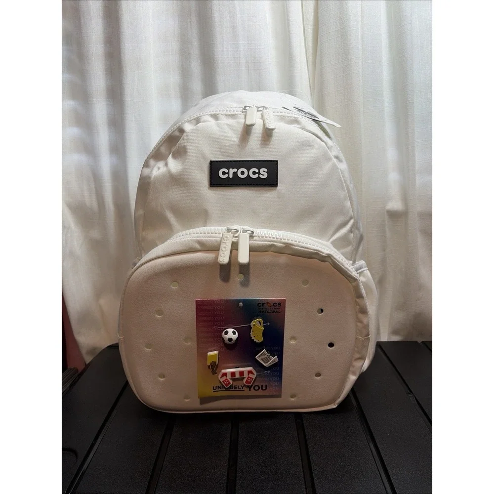 NWT Crocs Bookbag White/Black Nylon With Original Charms- 17.5